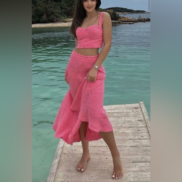 NWT ZARA WOMAN NEW LONG TWEED SKIRT High-waisted Faded pink - Picture 4 of 8